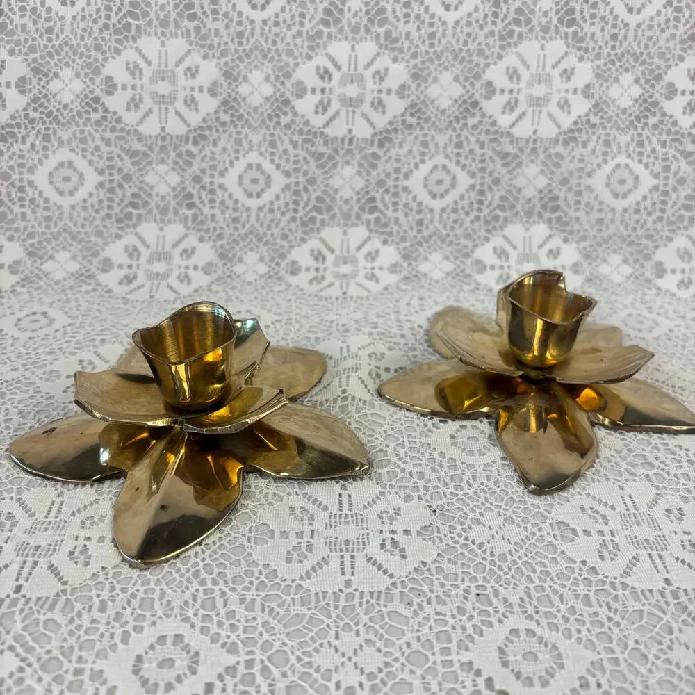 Vintage Brass Lotus Flower Taper Candle Holders Pair Made in India